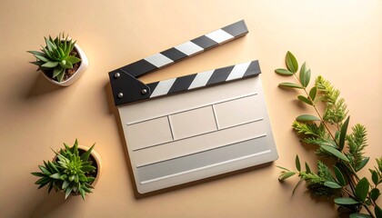 Filmmaking Clapperboard Surrounded by Greenery and Potted Plants, Overhead View