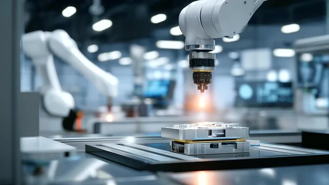 Engineers test a robotic vision system in a factory lab, with cameras scanning, screens displaying object recognition, tools calibrating lenses, and a prototype part on a table, depicted in a high-t