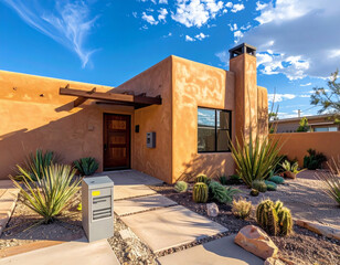 Fototapeta premium Southwestern adobe-style house entrance with xeriscape and small outdoor equipment box by the wall, clear afternoon light