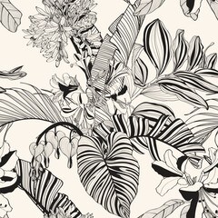 Exotic flower and palm bananas leaves illustration. Vintage green seamless pattern.