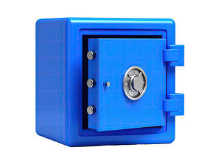 A vibrant, blue, open safe with a silver combination lock and door
