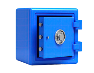 A vibrant, blue, open safe with a silver combination lock and door