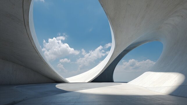 Fluid concrete architecture with curved arches opening to the sky.