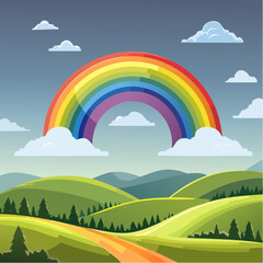 countryside hilly landscape with dark clouds and a vibrant rainbow