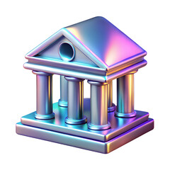 Stylized bank building with iridescent metallic finish isolated on transparent background