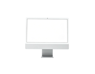 A modern desktop computer with a blank, white screen against a stark black background