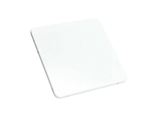 A slightly tilted, bright white, square object with softly rounded corners against black