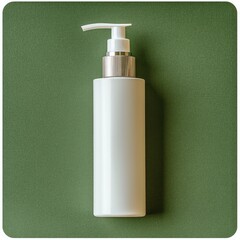 White lotion bottle, pump top, on olive green background