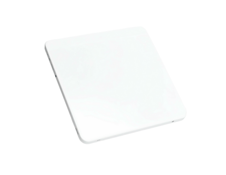 A slightly tilted, bright white, square object with softly rounded corners against black