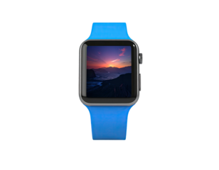 Modern wearable device with vibrant blue strap displaying a sunset scene