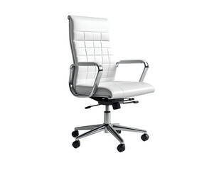 Modern white leather office chair with chrome accents, isolated on black