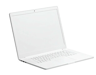 Angled view of a white laptop with screen open on a transparent background