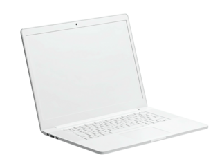Angled view of a white laptop with screen open on a transparent background