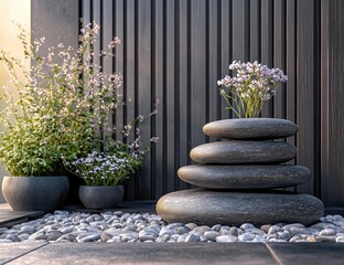 Serene zen garden stacked stones, plants, peaceful scene