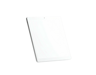 Angled, blank-screened tablet floats against a black background, showing frontal view