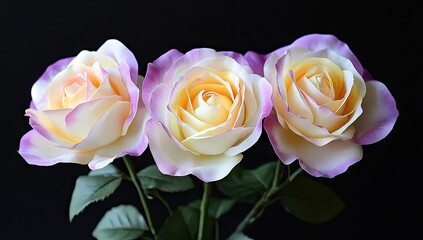 Three pastel roses bloom against a dark backdrop