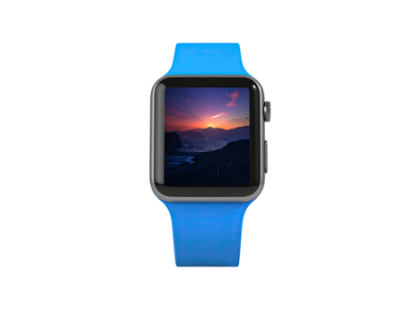 Modern wearable device with vibrant blue strap displaying a sunset scene