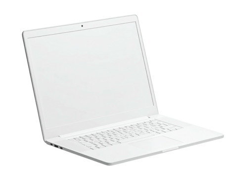 Angled view of a white laptop with screen open on a transparent background