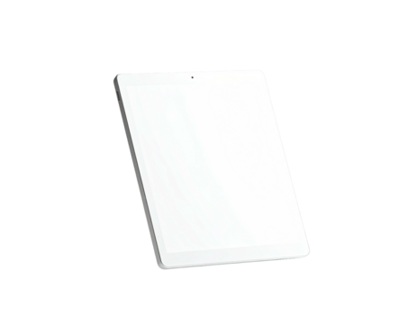 Angled, blank-screened tablet floats against a black background, showing frontal view