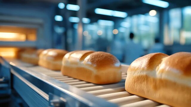 Rows of golden bread loaves travel along a conveyor belt in a commercial bakery, showcasing food production efficiency, hygiene standards, traditional recipes scaled by technology, and the balance b