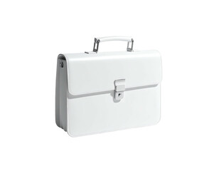 A stark, modern, white briefcase, handle up, isolated against a black background