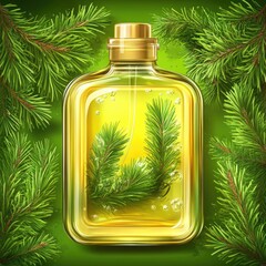 Yellow liquid in bottle, with pine branches inside and around