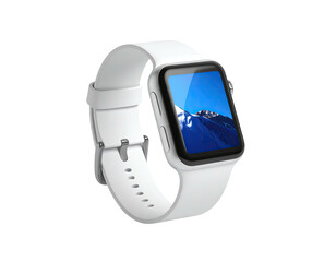White smartwatch with silver case and band showing a mountain landscape