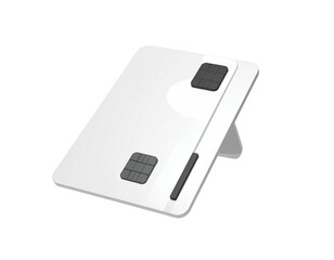 Angled white device with two square pads, a support leg, and a dark line