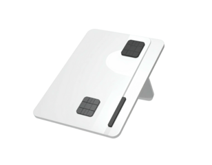 Angled white device with two square pads, a support leg, and a dark line