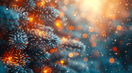 Fototapeta premium Blurred festive Christmas tree decorated with snow and glowing garland lights, winter holiday backdrop with bokeh effect, new year celebration, joyous mood, holiday season widescreen background