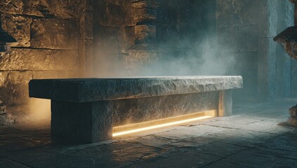 Ancient stone bench, lit by warm glow