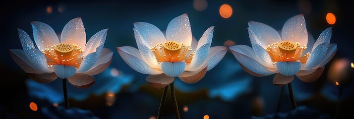 Three luminous lotus blossoms against dark backdrop