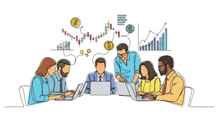 Continuous One Line Drawing of Fintech Startup Team Collaborating Around Table – Minimalist Line Art of Financial Innovation and Teamwork