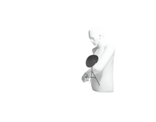 White form holds a black microphone in front of chest on a black background