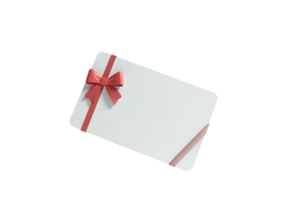 Render of a blank white gift card with a red bow and ribbon