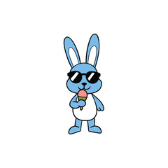 Cool blue bunny wearing sunglasses enjoys a delicious ice cream cone on a sunny day