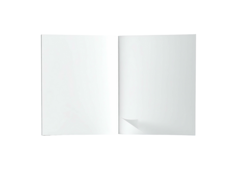 Open white book with a turned page, against black background