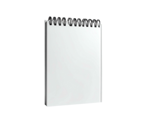 Vertical spiral notebook with blank white pages, isolated on a dark background