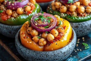 Stuffed bell peppers with chickpeas & onion rings close-up