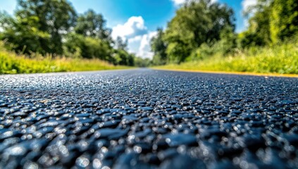 Road's surface reflects light, framed by trees and blue sky