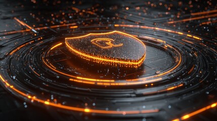 A glowing shield with an emblem stands out in a high-tech environment filled with intricate circuit patterns and floating particles, conveying a sense of security and innovation.