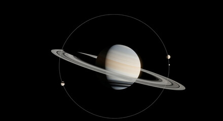 A beautiful rendering of the planet saturn with its rings and moons, set against a stark black background in outer space