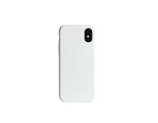 A white smartphone in a protective case, front view, on a stark black background