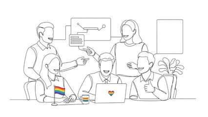 Continuous One Line Drawing of Team Collaborating with Rainbow Symbols – Minimalist Line Art Representing LGBTQ+ Inclusion and Workplace Diversity