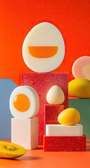 Abstract egg forms on colorful geometric platforms