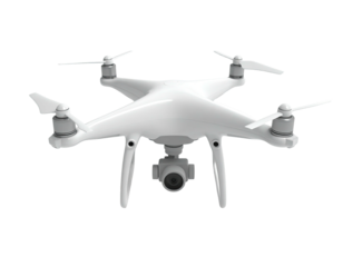 White quadcopter drone with camera, angled slightly downwards, black background