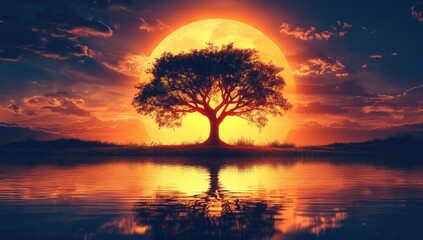 Tree silhouette, moon, reflecting on water. Sky glows
