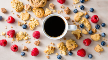 Cookie breaking mid-air above steaming coffee with cinnamon sticks.