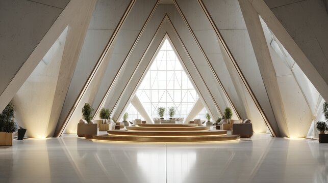 Modern Abstract Atrium Interior with Triangular Window Frames and Circular Seating