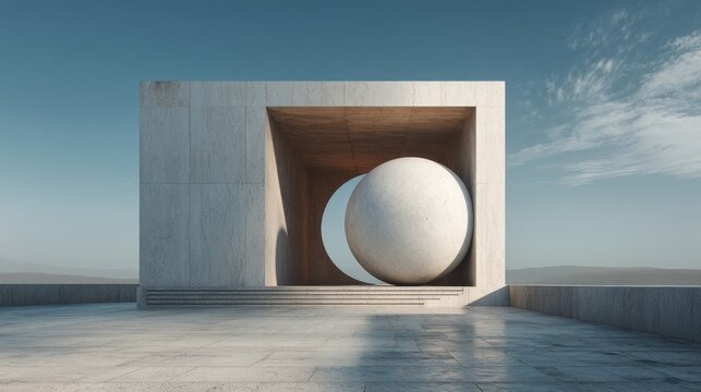 Minimalistic geometric pavilion with large sphere embedded in a cubic concrete structure